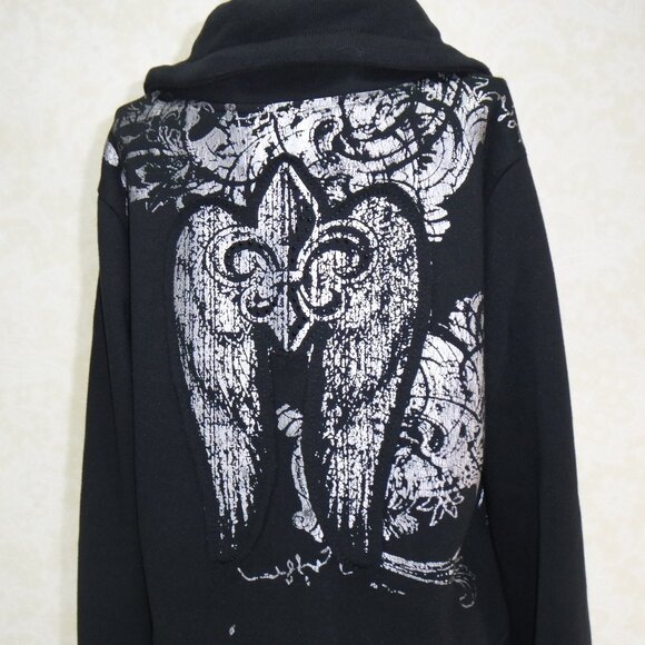 SOHO BABE Black Cowl Neck Full Zip Silver Fleur De Lis Sweatshirt L - Picture 11 of 17